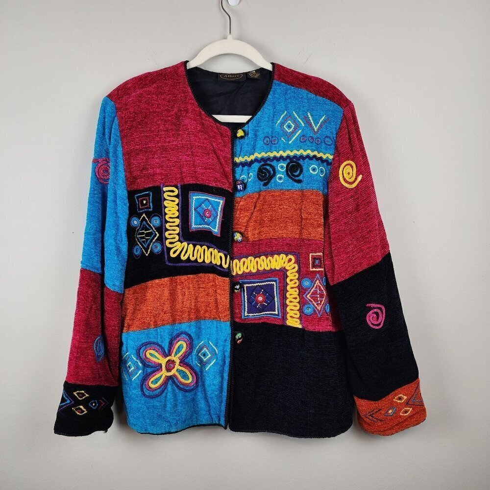 Allure Jacket   Sz M women Colorful Patchwork Art to Wear Embroidered